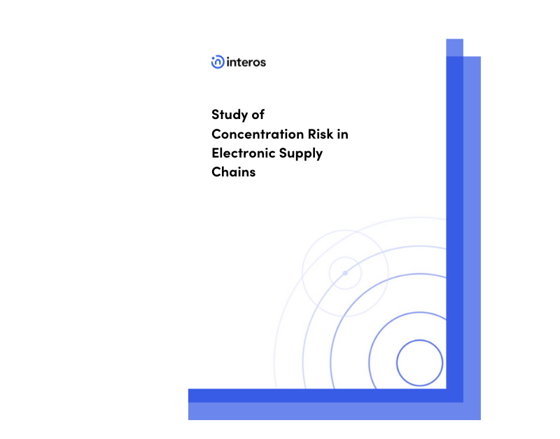 "Interos: Study of Concentration Risk in Electronic Supply Chains." Blue concentric circles float in the background.