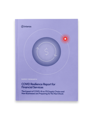 COVID Resilience Report for Financial Services, by Interos. Concentric circles with arrows surround a dollar sign.