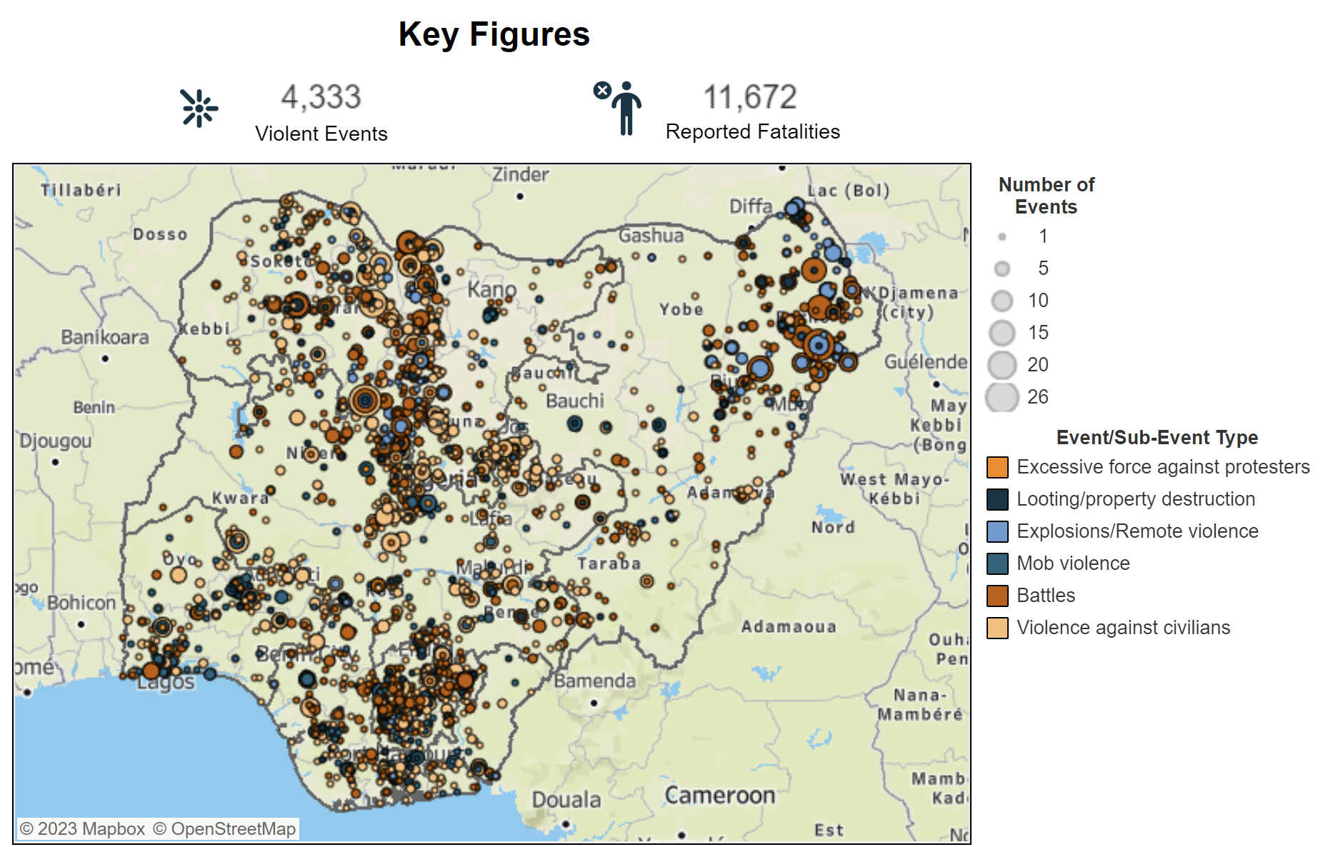 A map highlighting violent events in Nigeria.