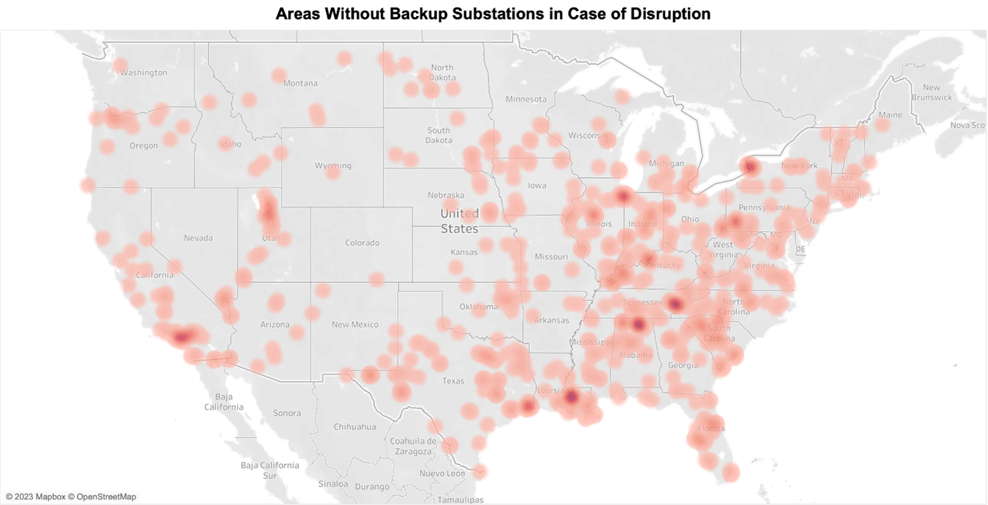 "Areas Without Backup Substations in Case of Disruption." A map of the US with pink dots to represent backup.