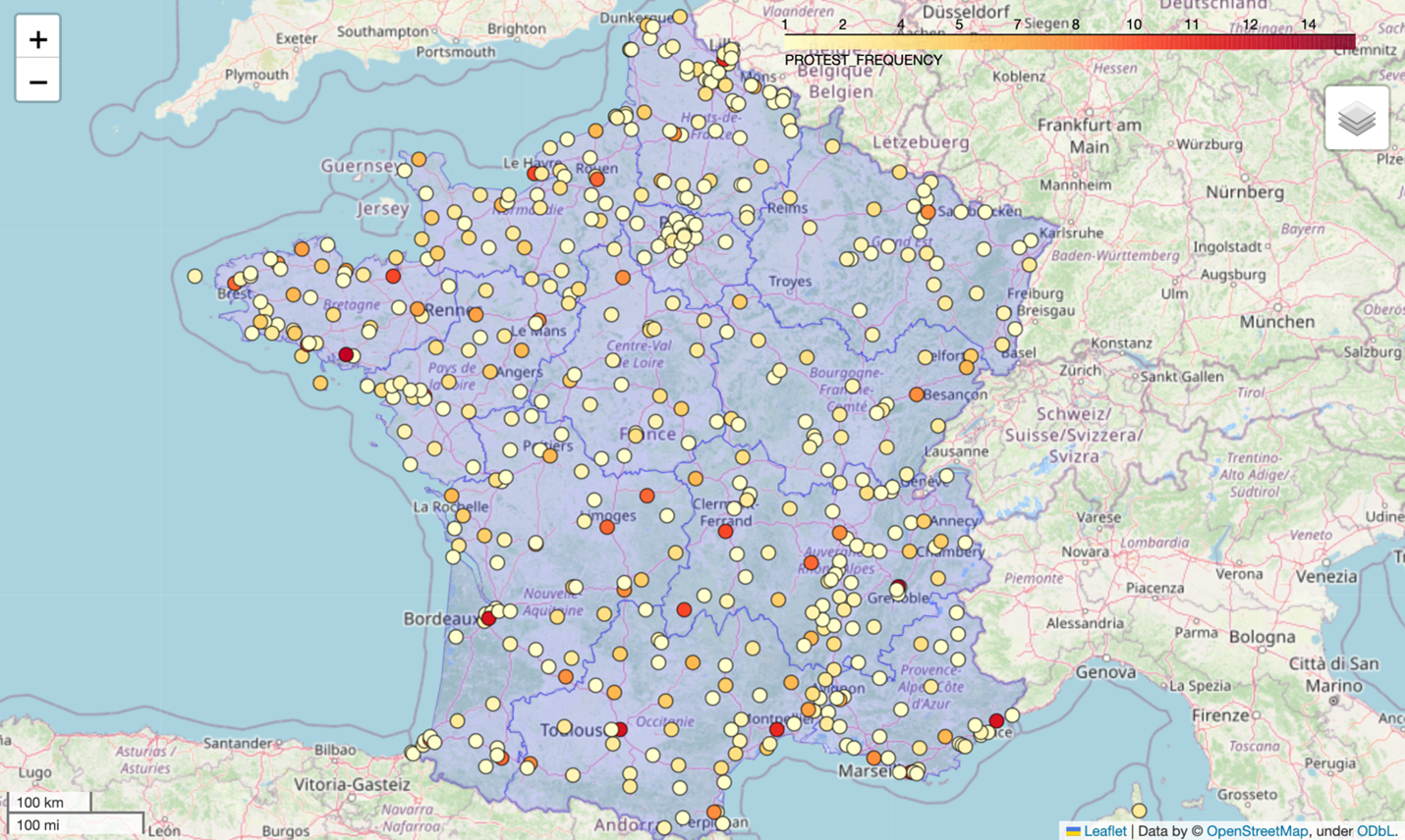 A map of France on which hundreds of recent protests are plotted.