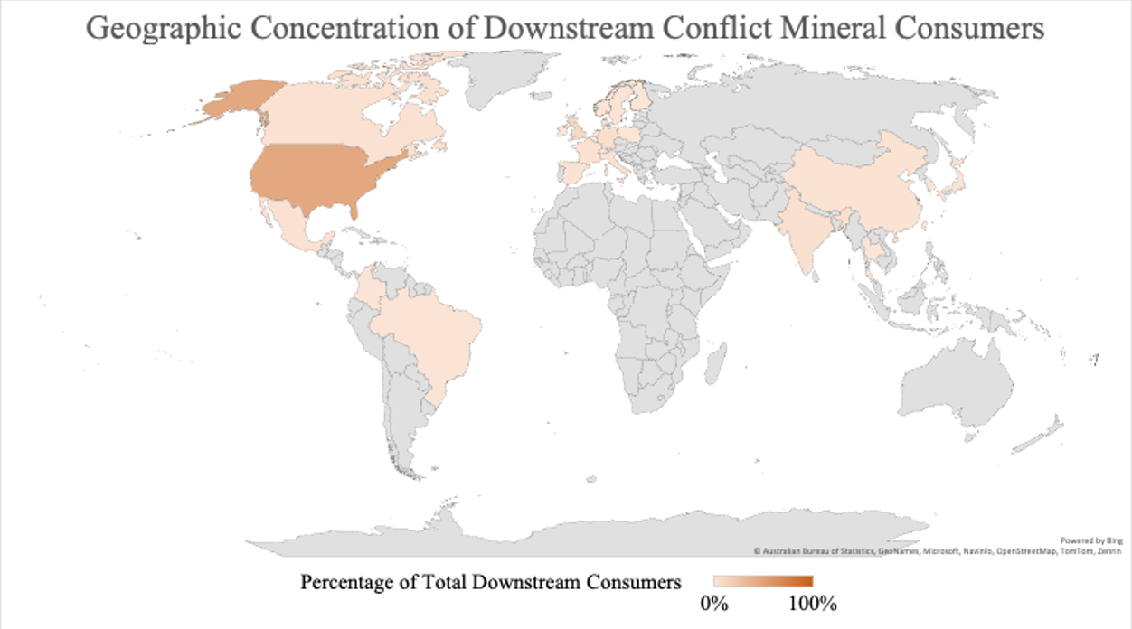 Map showing counties where conflict minerals are consumed. 