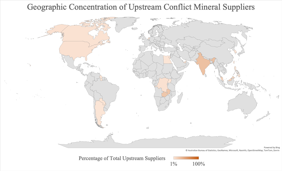 Map showing counties where conflict minerals are mined. 